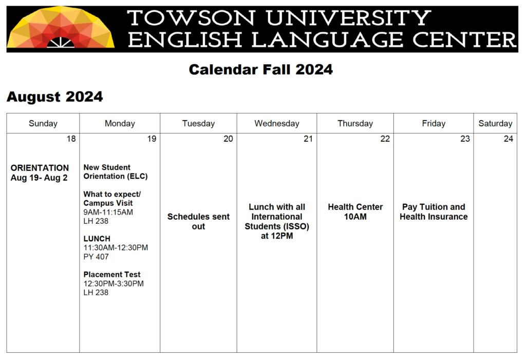 Orienation Calendar for FA 24